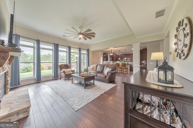 64 Durana Way, Dallas, GA 30132 - living room featuring ornate columns, a ceiling fan, a fireplace with raised hearth, ornamental molding, and dark wood-style floors