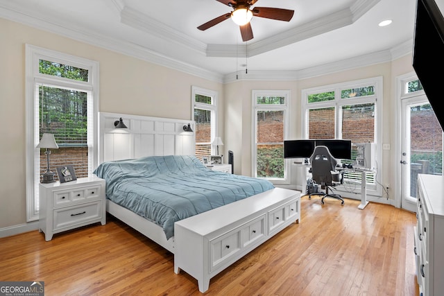 bedroom with a tray ceiling, access to exterior, light wood finished floors, and multiple windows
