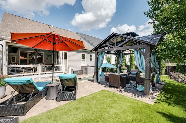 319 Riverton Way, Woodstock, GA 30188 - rear view of house featuring an outdoor living space, a patio, a gazebo, and a shingled roof