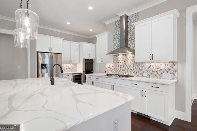 319 Riverton Way, Woodstock, GA 30188 - kitchen with stainless steel appliances, wall chimney exhaust hood, dark wood finished floors, beverage cooler, and crown molding