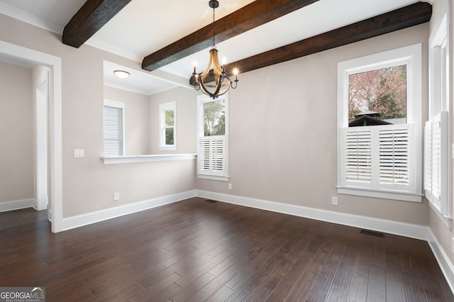 319 Riverton Way, Woodstock, GA 30188 - unfurnished dining area featuring a chandelier, plenty of natural light, baseboards, and beam ceiling