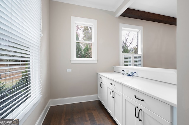 319 Riverton Way, Woodstock, GA 30188 - bathroom featuring wood finished floors, baseboards, beamed ceiling, and vanity