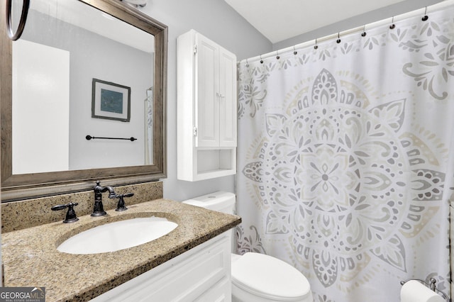 full bathroom with toilet, vanity, and a shower with curtain