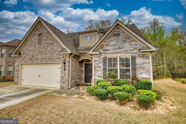 164 Madison Grace Ave, Mcdonough, GA 30252 - view of front of property with stone siding, a front yard, concrete driveway, and a garage