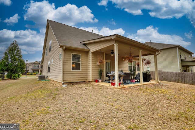 164 Madison Grace Ave, Mcdonough, GA 30252 - rear view of house featuring central air condition unit, fence, a patio, a ceiling fan, and a lawn