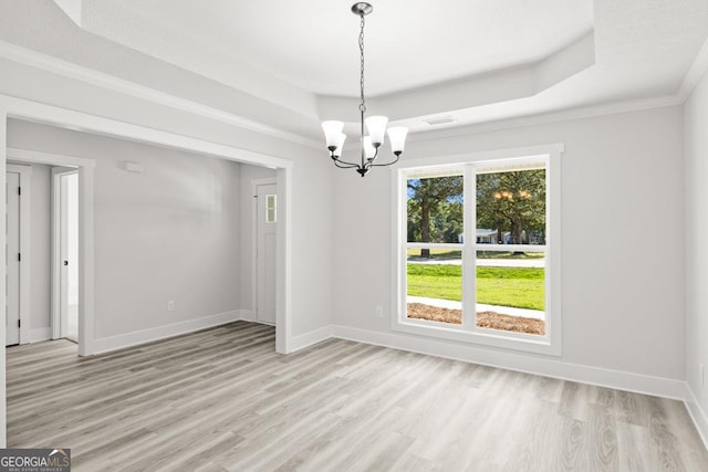 357 Liberty Hill Rd Unit 18, Hartwell, GA 30643 - interior space with a tray ceiling, baseboards, light wood finished floors, and an inviting chandelier