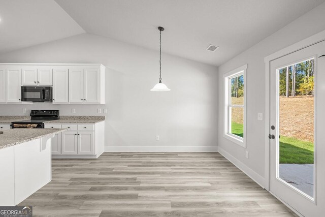 357 Liberty Hill Rd Unit 18, Hartwell, GA 30643 - kitchen featuring white cabinets, black appliances, vaulted ceiling, and visible vents