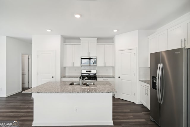 kitchen featuring white cabinetry, dark wood-style floors, a sink, and stainless steel appliances