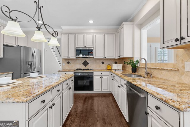 kitchen with ornamental molding, a sink, stainless steel appliances, and dark wood finished floors