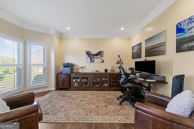 home office featuring recessed lighting, wood finished floors, and ornamental molding