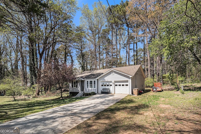 view of front facade featuring an attached garage, a shingled roof, a front lawn, and concrete driveway