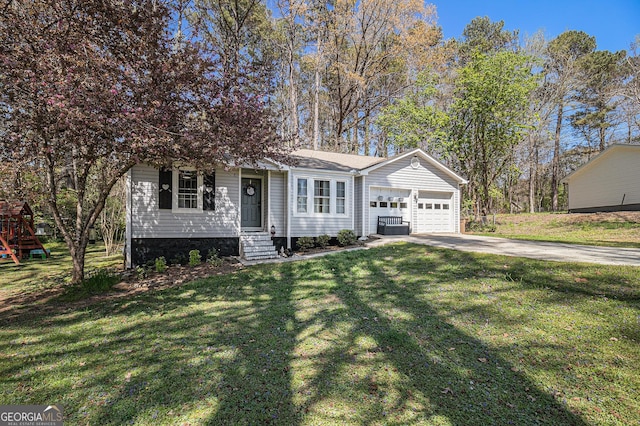 view of front of house featuring an attached garage, a front lawn, concrete driveway, and entry steps