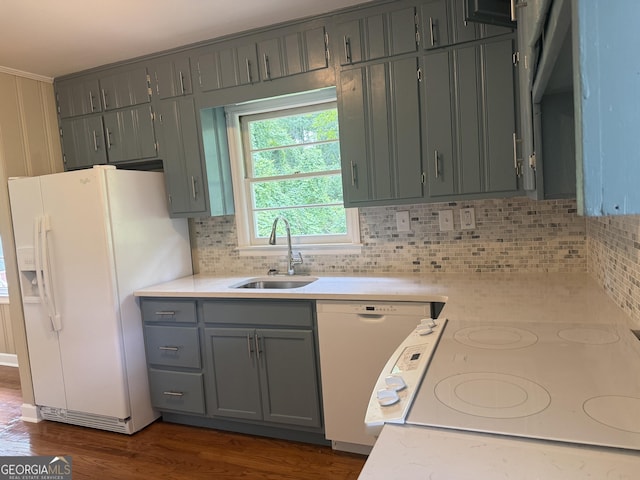 2502 Miriam Ln, Decatur, GA 30032 - kitchen featuring white appliances, a sink, gray cabinets, backsplash, and light countertops