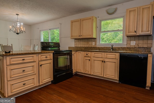 210 Briarwood Dr, Dallas, GA 30132 - kitchen featuring black appliances, a chandelier, dark wood-style flooring, backsplash, and a textured ceiling