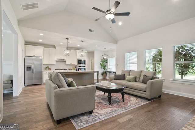 8 Hardin Ct Lot 16, Newnan, GA 30263 - living room featuring ceiling fan, recessed lighting, wood finished floors, and high vaulted ceiling