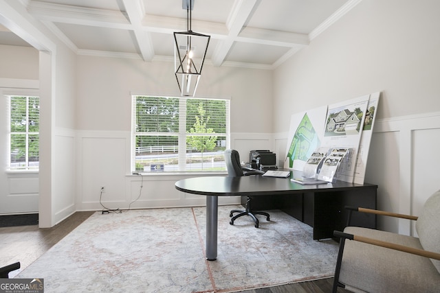 8 Hardin Ct Lot 16, Newnan, GA 30263 - home office with coffered ceiling, beamed ceiling, wood finished floors, wainscoting, and a decorative wall