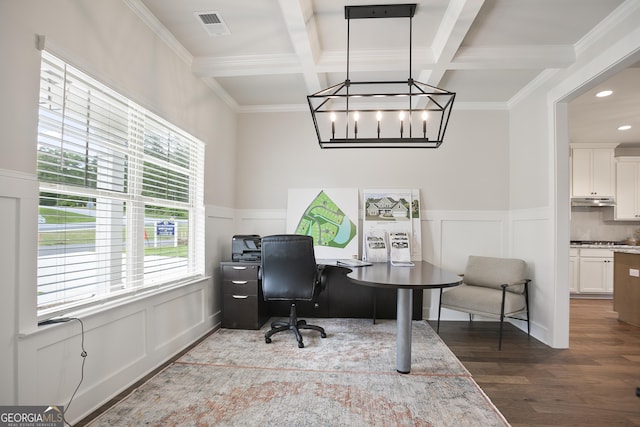 8 Hardin Ct Lot 16, Newnan, GA 30263 - office with a decorative wall, coffered ceiling, dark wood finished floors, beam ceiling, and ornamental molding