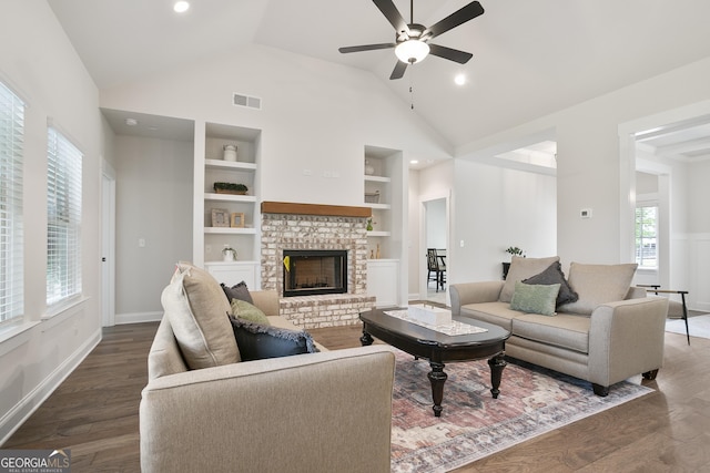 8 Hardin Ct Lot 16, Newnan, GA 30263 - living area with ceiling fan, built in shelves, wood finished floors, a fireplace, and lofted ceiling
