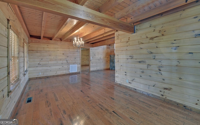 221 Laurel Cir, Dahlonega, GA 30533 - spare room with visible vents, an inviting chandelier, beamed ceiling, and hardwood / wood-style flooring