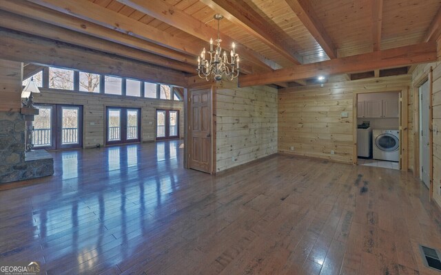 221 Laurel Cir, Dahlonega, GA 30533 - empty room featuring a notable chandelier, wood ceiling, hardwood / wood-style flooring, visible vents, and beamed ceiling
