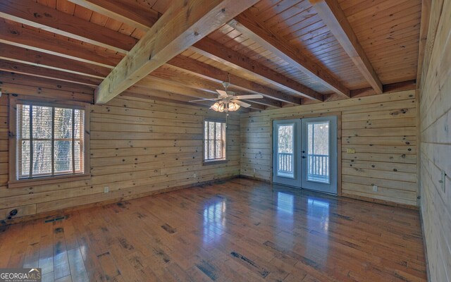 221 Laurel Cir, Dahlonega, GA 30533 - unfurnished room featuring hardwood / wood-style floors, wood walls, french doors, and beam ceiling