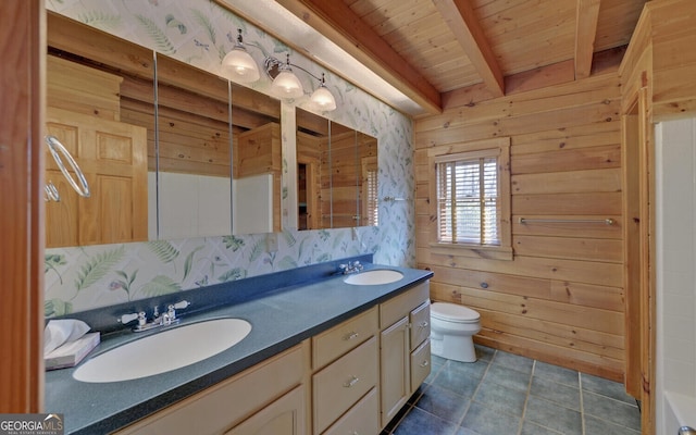 221 Laurel Cir, Dahlonega, GA 30533 - bathroom featuring wooden ceiling, toilet, beam ceiling, and a sink