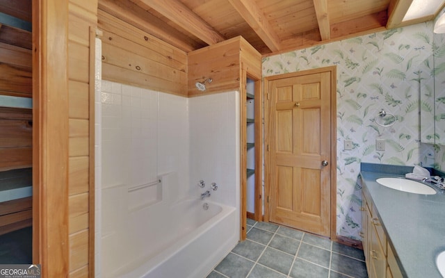 221 Laurel Cir, Dahlonega, GA 30533 - full bathroom featuring double vanity, a sink, tile patterned floors, and wallpapered walls
