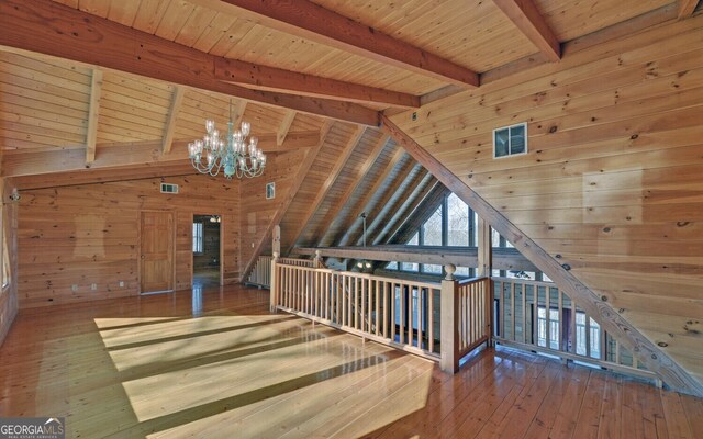 221 Laurel Cir, Dahlonega, GA 30533 - interior space featuring an inviting chandelier, wooden ceiling, wood walls, and vaulted ceiling with beams