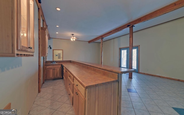 221 Laurel Cir, Dahlonega, GA 30533 - kitchen featuring light tile patterned floors, a center island, beam ceiling, and recessed lighting