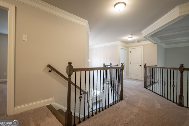 244 Meeler Cir, Bogart, GA 30622 - hall featuring an upstairs landing, carpet floors, and crown molding