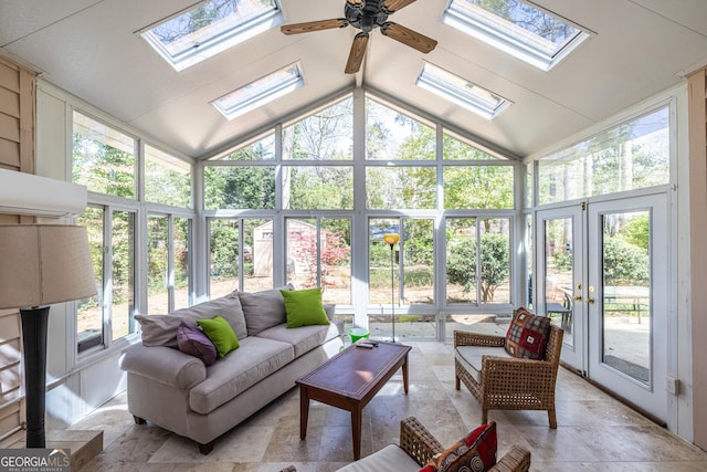 sunroom / solarium with outdoor lounge area, french doors, a healthy amount of sunlight, and a skylight