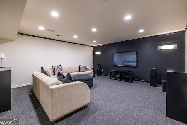 living room with carpet floors, baseboards, recessed lighting, and visible vents