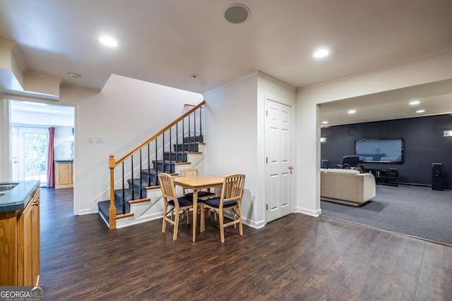dining room featuring baseboards, stairs, recessed lighting, and dark wood finished floors