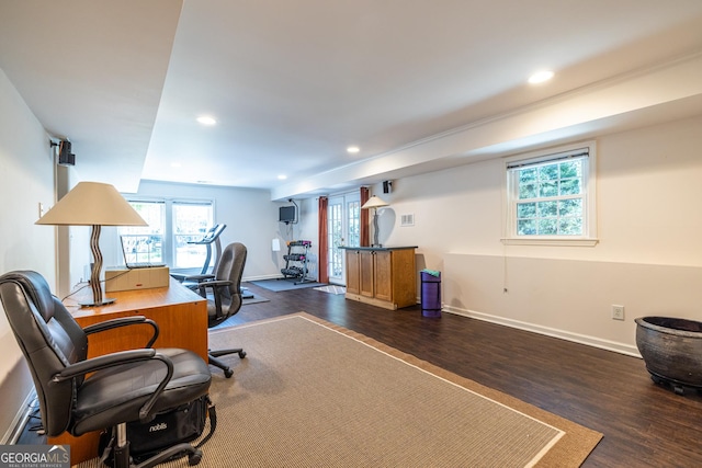 office space featuring baseboards, dark wood-style flooring, and recessed lighting