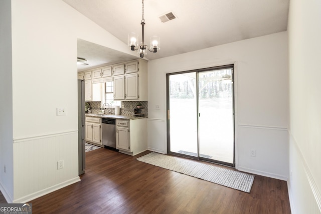 260 Peachtree Ln, Newnan, GA 30265 - kitchen with stainless steel dishwasher, a chandelier, light countertops, dark wood finished floors, and lofted ceiling