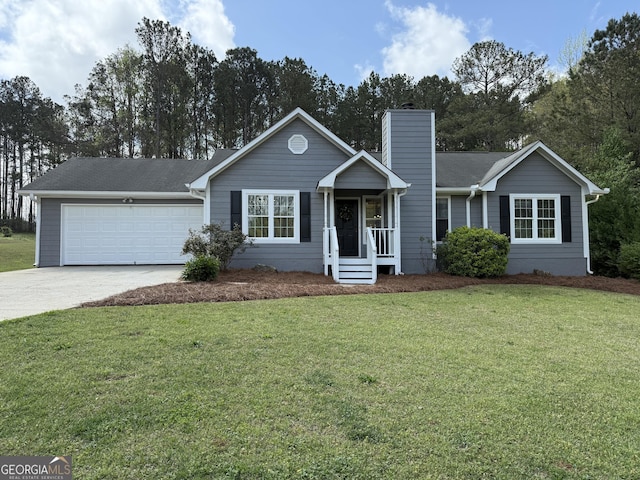 260 Peachtree Ln, Newnan, GA 30265 - view of front of property with concrete driveway, a garage, a chimney, and a front lawn