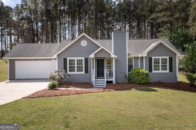260 Peachtree Ln, Newnan, GA 30265 - ranch-style home with a garage, concrete driveway, a chimney, and a front lawn