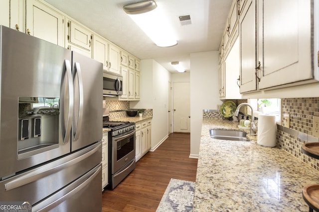 260 Peachtree Ln, Newnan, GA 30265 - kitchen with appliances with stainless steel finishes, a sink, tasteful backsplash, and dark wood-style flooring