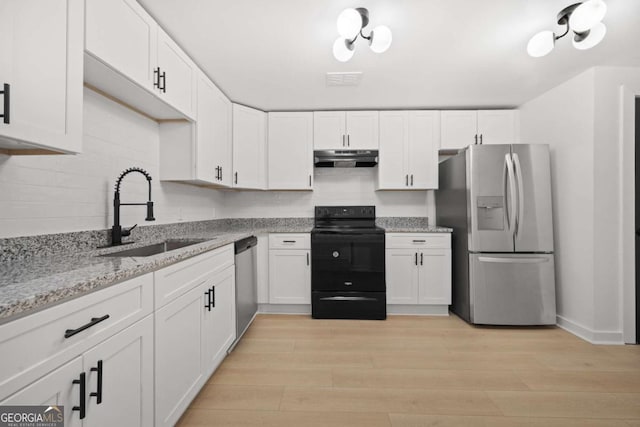 kitchen with white cabinetry, a sink, appliances with stainless steel finishes, and under cabinet range hood