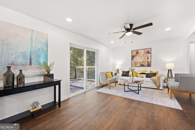 living room featuring ceiling fan, wood finished floors, and recessed lighting