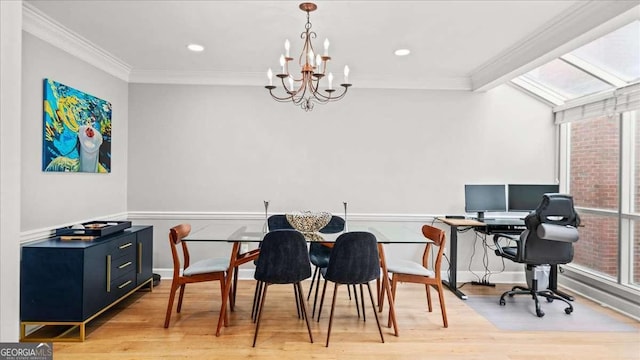 office featuring recessed lighting, light wood-style flooring, ornamental molding, and a chandelier