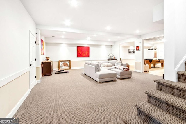 carpeted living area featuring billiards, baseboards, stairway, and recessed lighting
