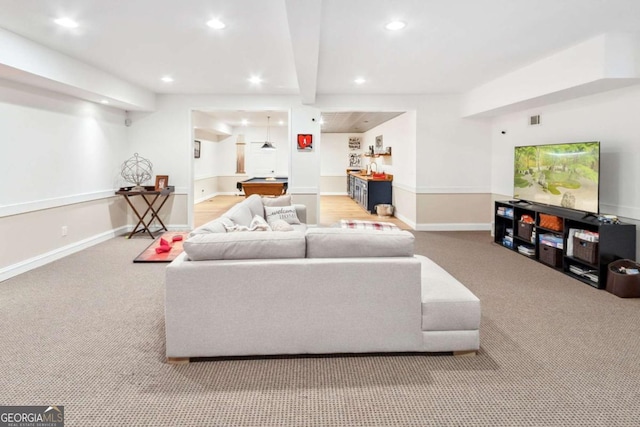 carpeted living room with baseboards, pool table, recessed lighting, and beamed ceiling