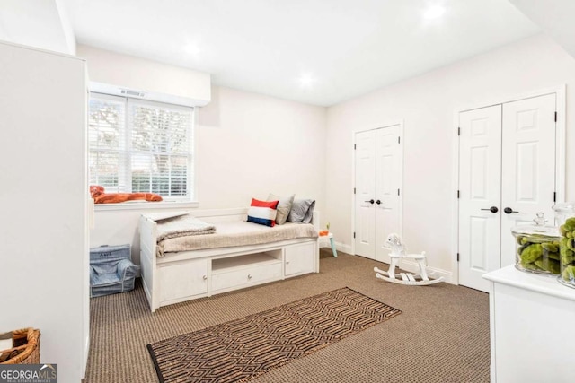 bedroom with two closets, carpet floors, baseboards, and visible vents