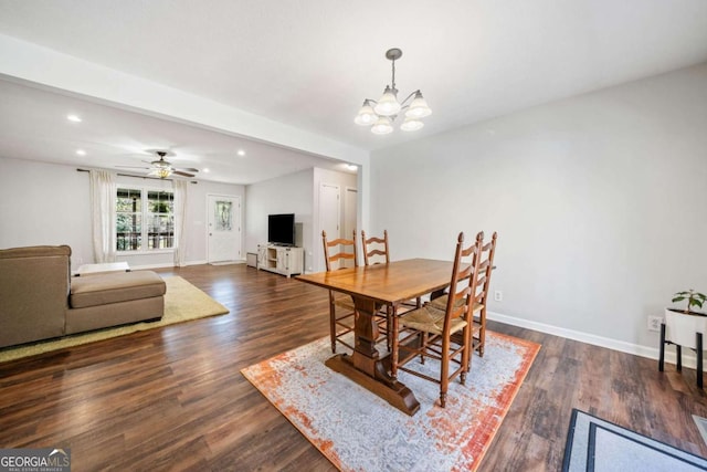 dining area featuring baseboards, ceiling fan with notable chandelier, wood finished floors, and recessed lighting