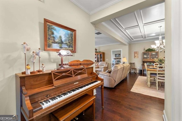 57 Cedarcrest Village Ln, Acworth, GA 30101 - sitting room featuring crown molding, dark wood-type flooring, a chandelier, coffered ceiling, and beam ceiling