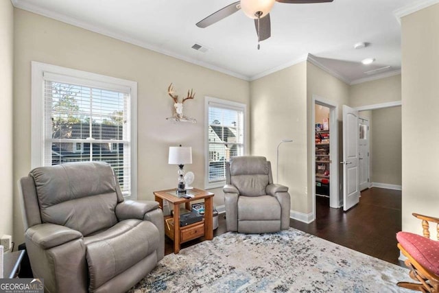57 Cedarcrest Village Ln, Acworth, GA 30101 - sitting room with dark wood finished floors, ceiling fan, baseboards, and ornamental molding