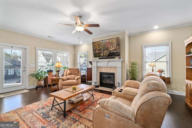 57 Cedarcrest Village Ln, Acworth, GA 30101 - living room featuring ceiling fan, healthy amount of natural light, baseboards, crown molding, and recessed lighting