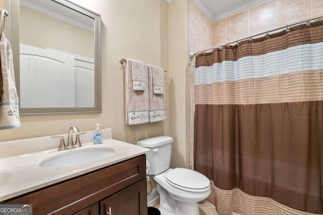 57 Cedarcrest Village Ln, Acworth, GA 30101 - bathroom featuring ornamental molding, toilet, vanity, and curtained shower