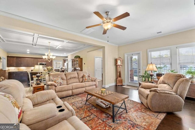 57 Cedarcrest Village Ln, Acworth, GA 30101 - living area with a chandelier, wood finished floors, a ceiling fan, baseboards, and ornamental molding